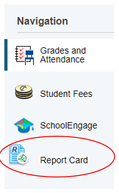 PowerSchool Parent Student/Parent Portal Navigation menu Report Card icon circled